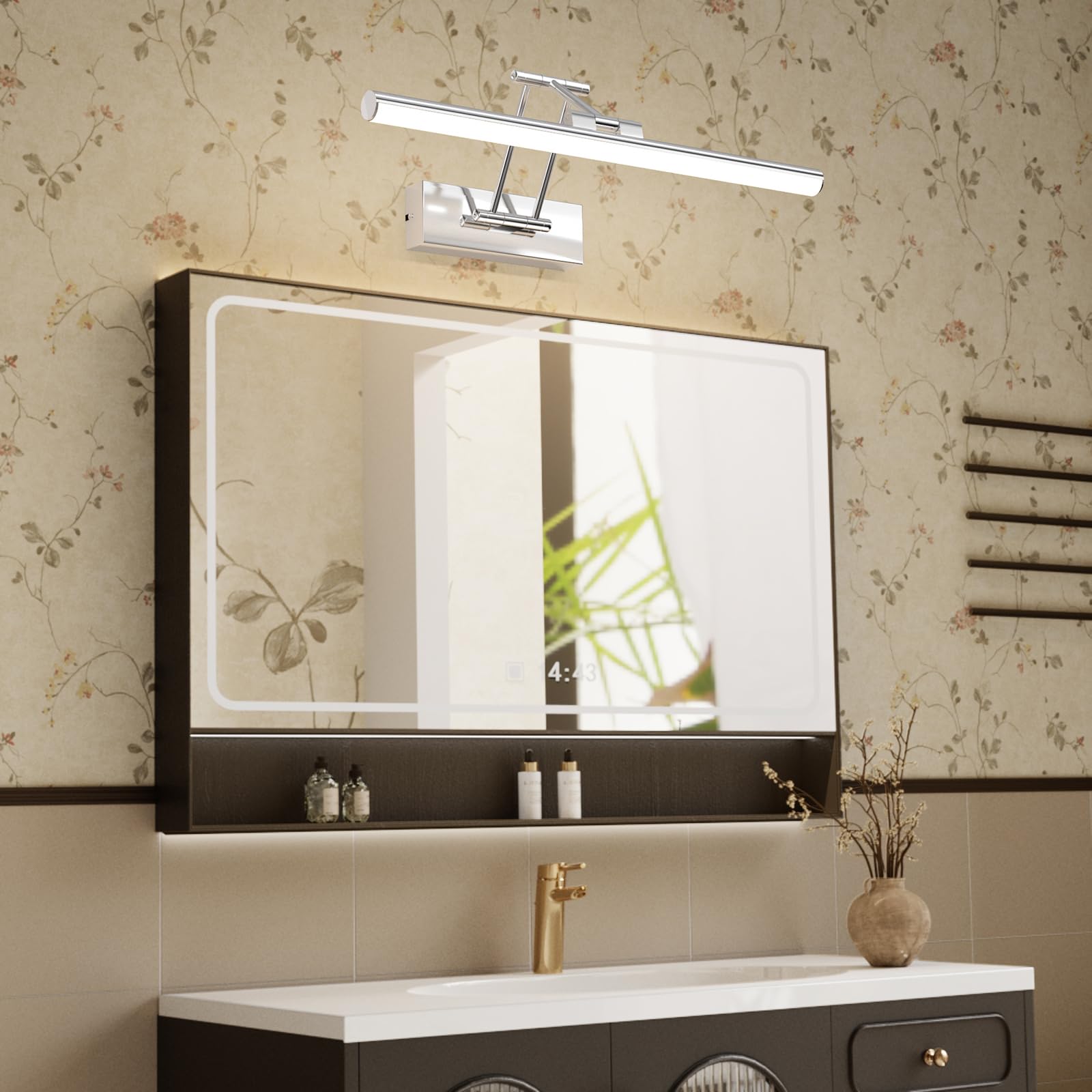 Klighten Led Lampada Da Specchio Bagno 40cm,Lampada Da Parete Rotante Per Bagno Ip44,12W 970 LM Luce Specchio Bagno Led,Applique Bagno Specchio Moderno In Alluminio,Bianco naturale 4000K, Cromo