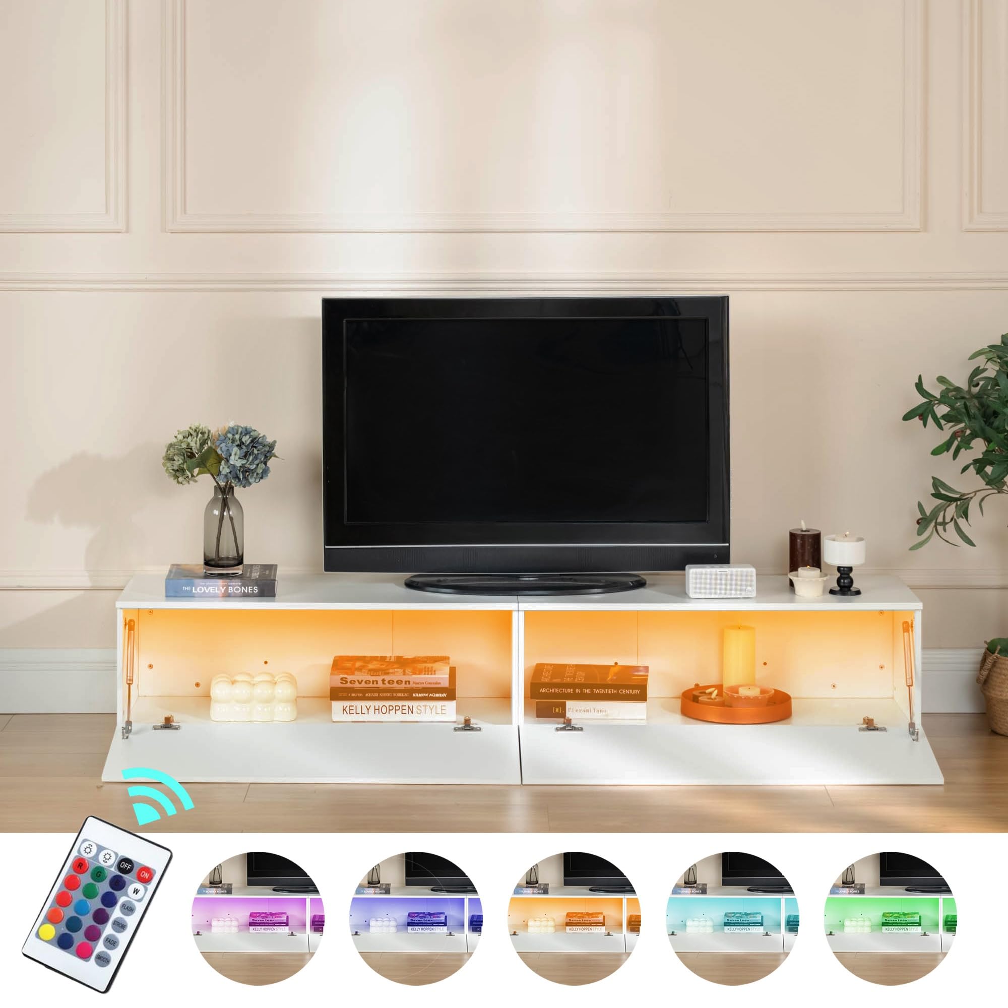 Mobile TV Bianco, 180x33x30cm, con Luce Led, con 2 Vani Portaoggetti, Mobile TV Sospeso per Soggiorno, Camera da Letto, Bianco