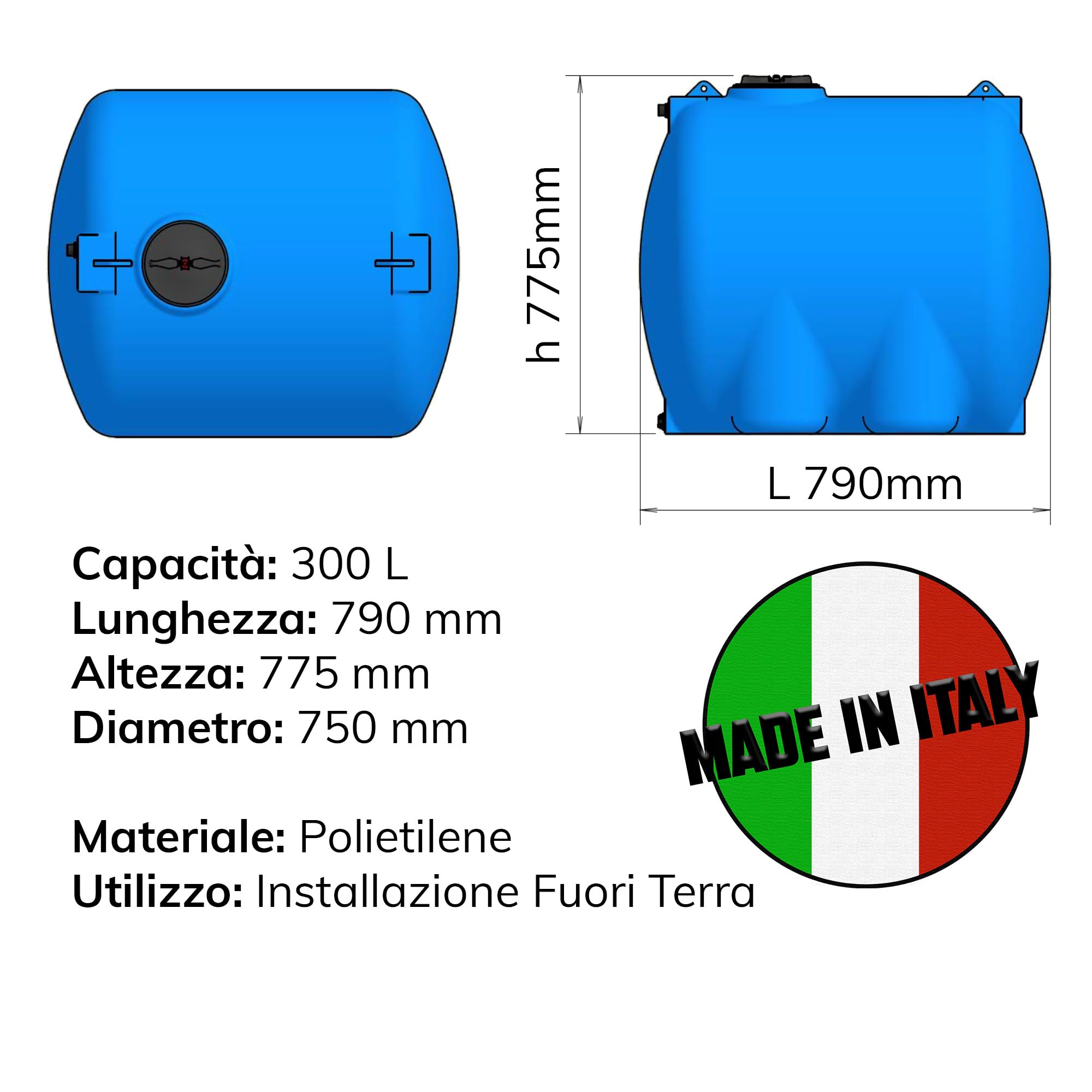 ESTO Serbatoio Acqua per Acqua Potabile 300L - 500 L, Cisterna Blu in Polietilene per Uso Esterno Predisposizione Rubinetto, Resistente Made in Italy Atossico (300 Litri)