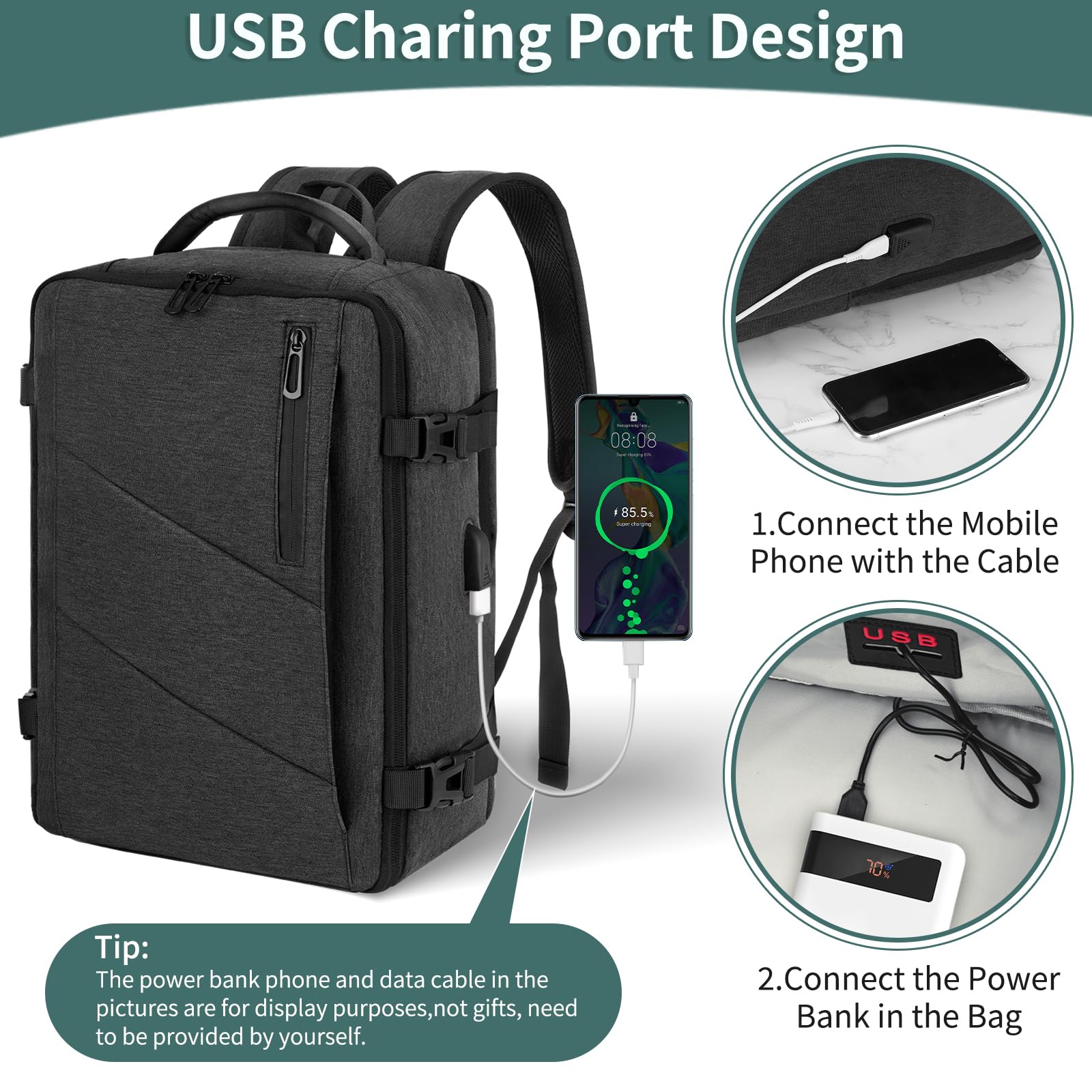 VOESLD Zaino per Ryanair 40x20x25, Zaino da Viaggio Aereo Bagaglio a Mano Porta PC Donna Uomo Grigio Scuro per Tutte le Principali Compagnie Aeree, 20L