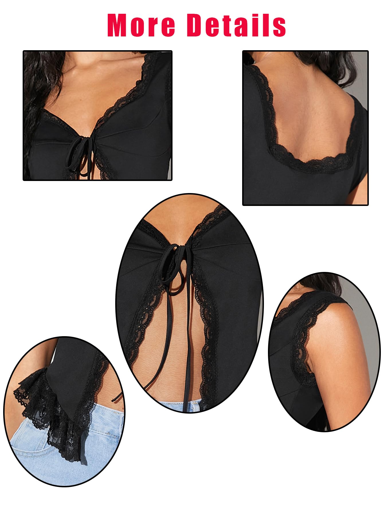 OYOANGLE Women's Summer Casual Tie Front Top Sleeveless V Neck Lace Trim Going Out Crop Blouse