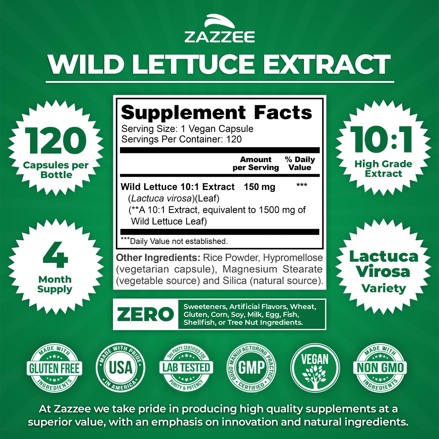 Zazzee Extra Strength Wild Lettuce 10:1 Extract, 120 Vegan Capsules — Amazon image 2