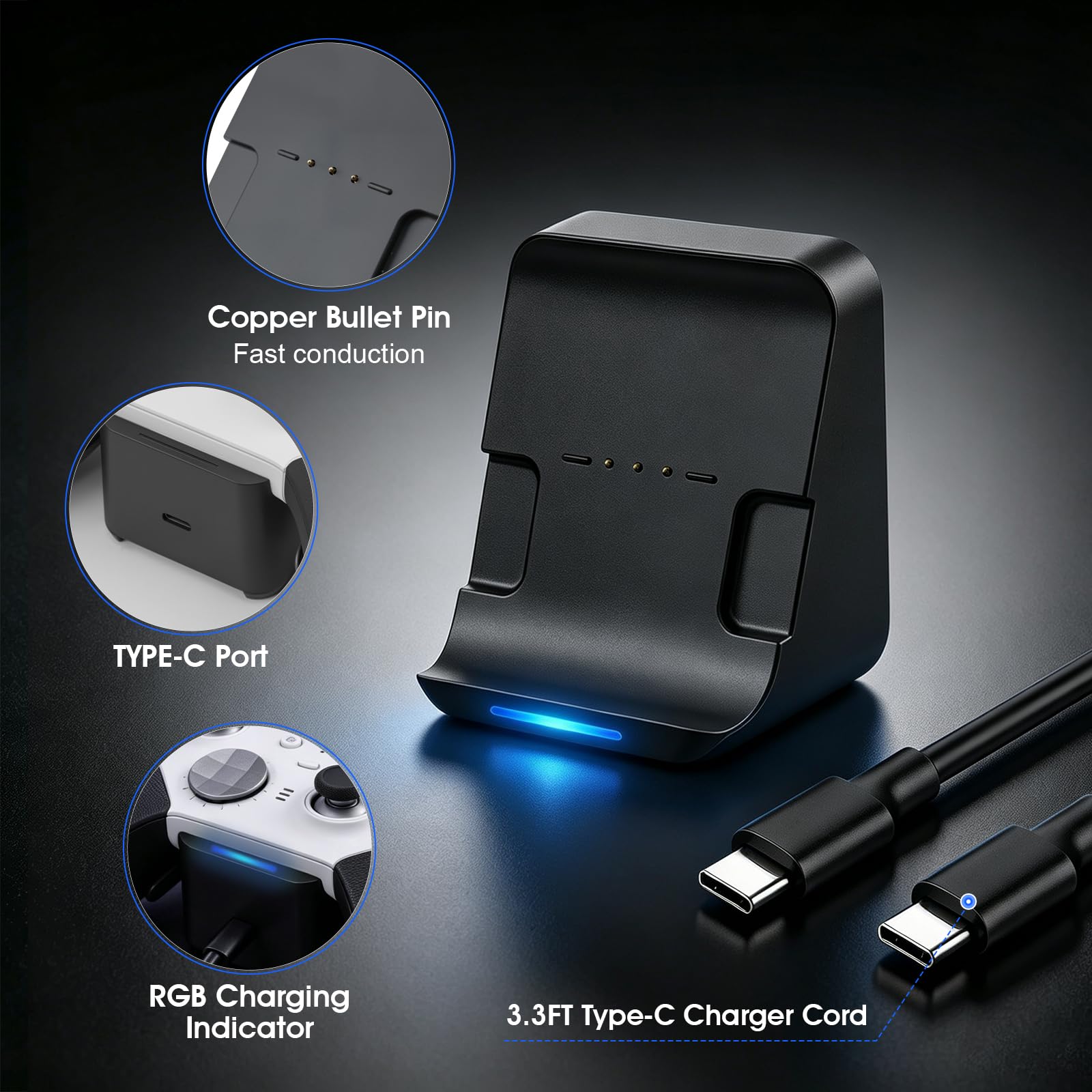 Lot de 2 stations de charge murales peu encombrantes pour manette Xbox Elite Series 2, support de bureau fin avec indicateur de charge RVB, câble de type C de 1 m, rester prêt à jouer