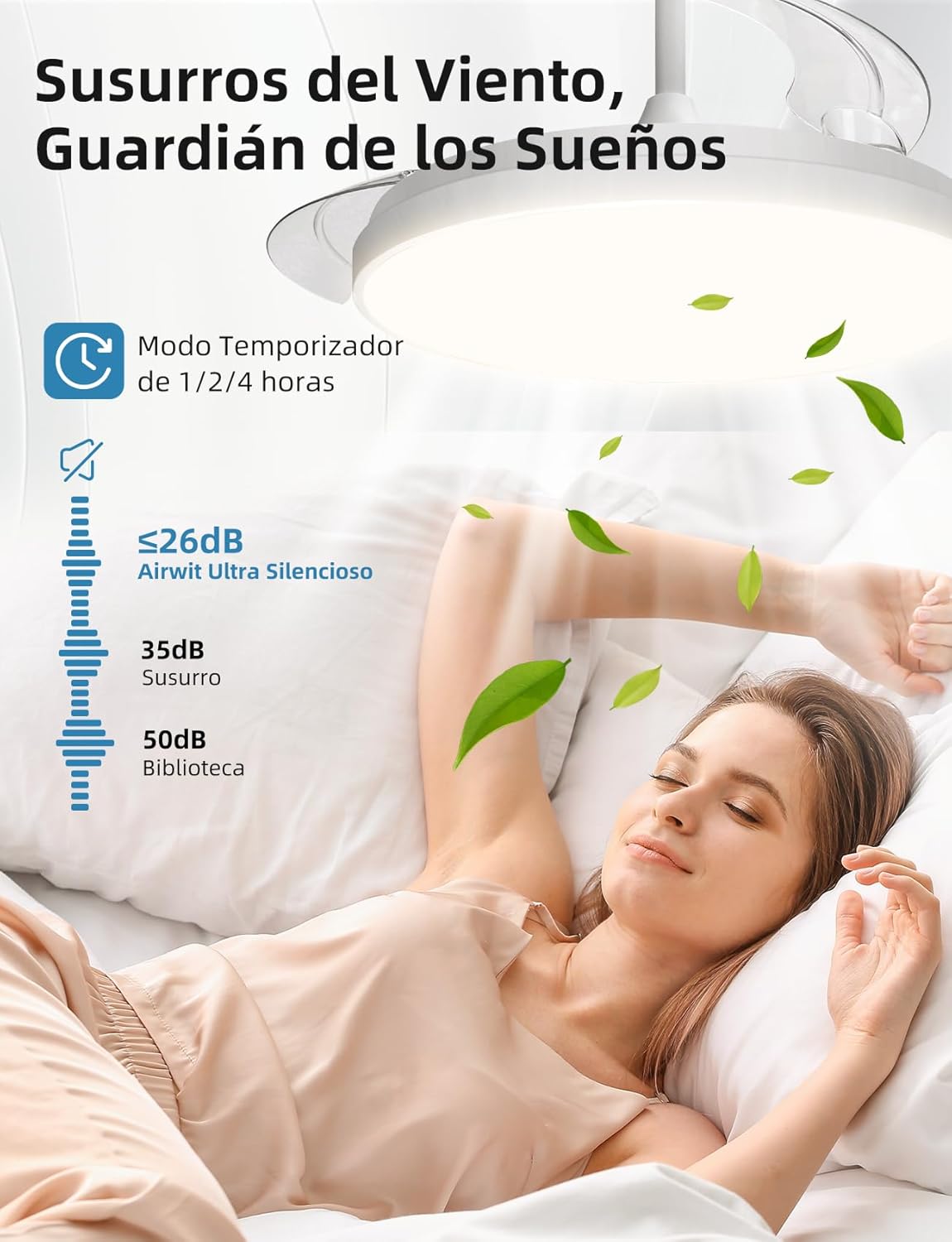 A woman sleeping peacefully in a bedroom with the Aigostar Mesh Smart Ceiling Fan operating quietly, highlighting its silent operation (≤26dB) and timer function (1/2/4 hours).