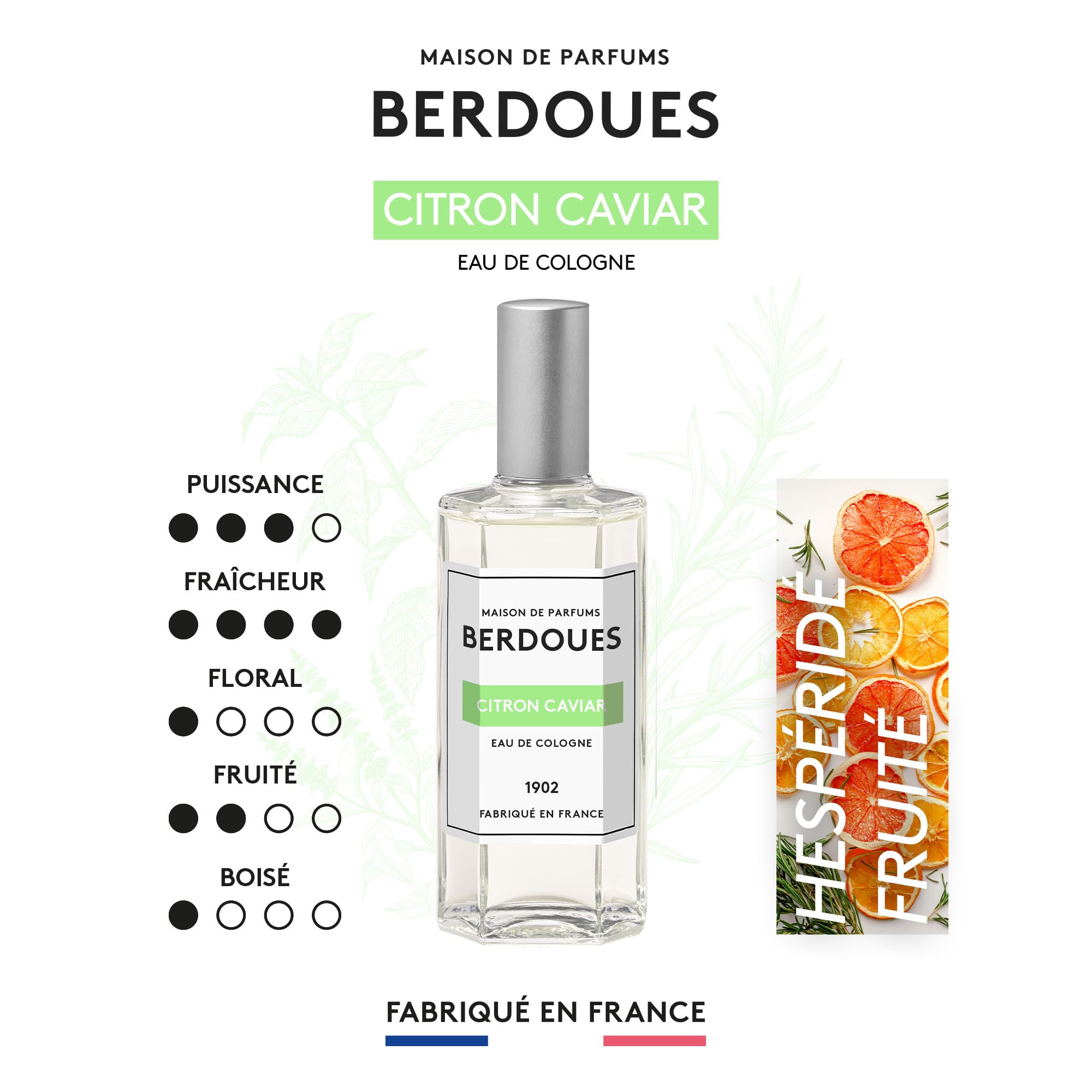 BERDOUES 1902 Eau de Cologne Citron Caviar, Lot Rechargeable, Made in France, Parfum femme, Parfum fleur d’oranger, citron, vétiver, vaporisateur 125ml et recharge 245ml