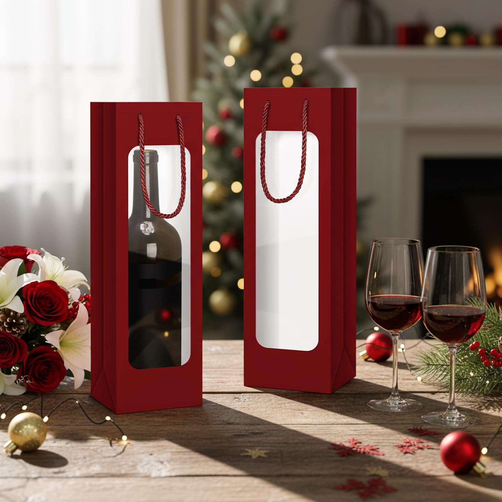 Tioncy 24 Pcs Single Wine Bottle Gift Bag Bulk Wedding Champagne Boxes with Clear Window Handles Reusable Holiday Party Favor(Burgundy)
