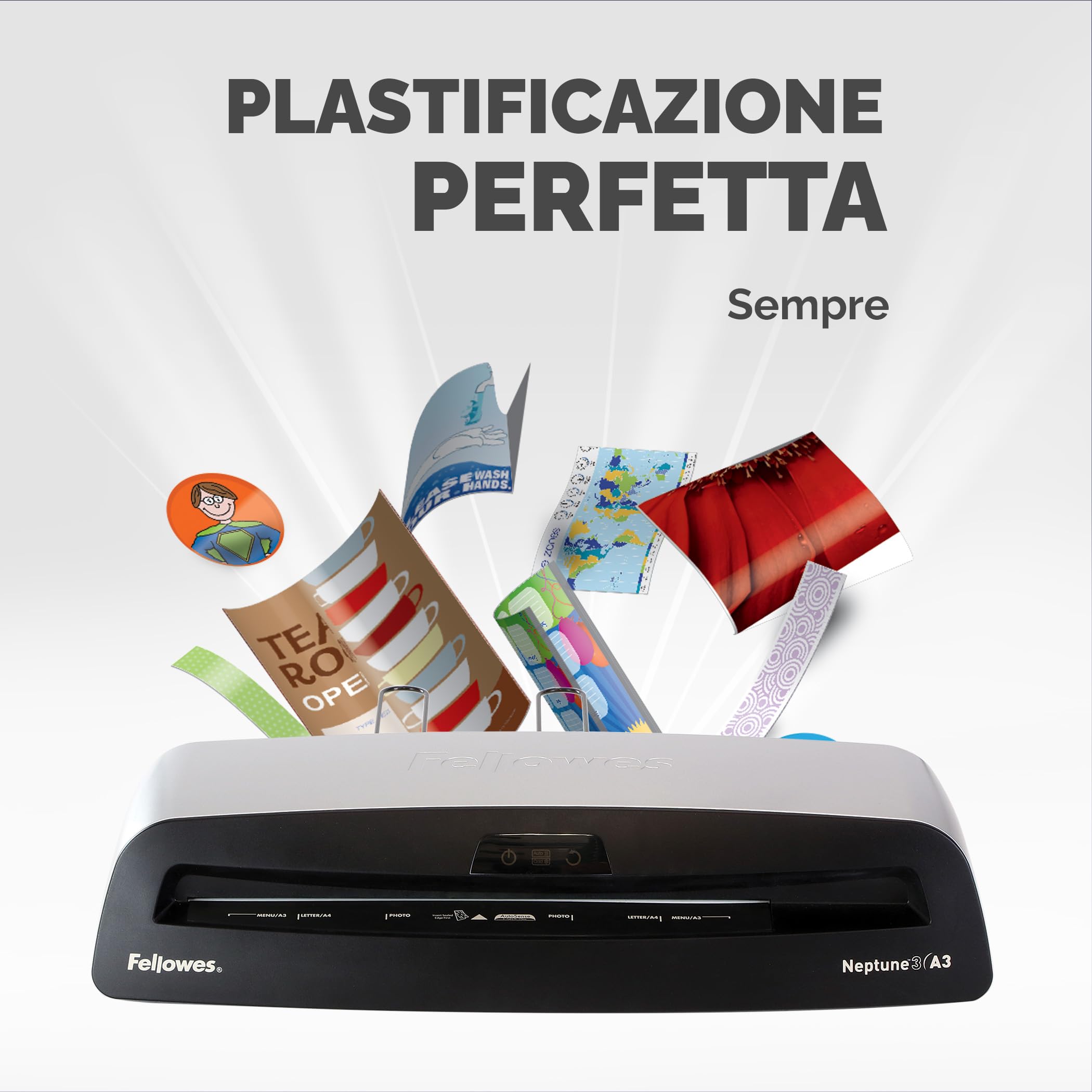 Fellowes Plastificatrice Neptune A3, formato A3, fino a 175 micron, per ufficio, Plastificatrice con Tecnologia AutoSense, Instaheat e Heatguard, Riscaldamento in 1 Minuto, incluso starter pack