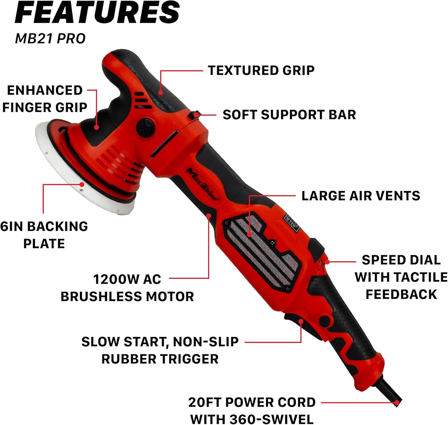 Maxshine MB21 Pro Brushless DA Polisher | 21mm Throw, 6” Plate, 1200W Motor, 5/16”-24 Thread, 6-Speed | Auto, Boat & Marine Detailing Tool for Paint Correction, Swirl Removal, Glossy Finish