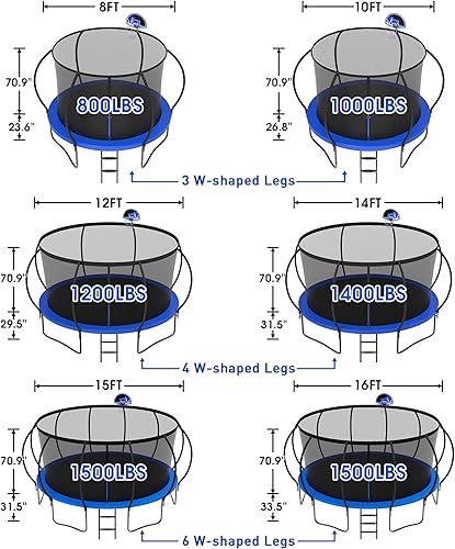 Miniatura 6 de Trámpolines de 1500 libras 8 10 12 14 15 16 pies para niños y adultos con red de protección, estacas para viento, aro de baloncesto, trámpolines