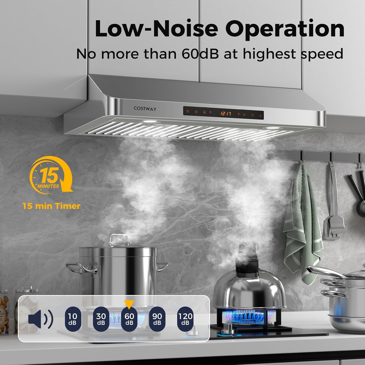COSTWAY 30 Inch Under Cabinet Range Hood, 900 CFM Kitchen Vent w/ 4 Speed, Adjustable LED Lights & Time Setting, Gesture/Touch/Remote Control, 3 min Delay Shut-Off, with 2 Pcs Baffle Filters