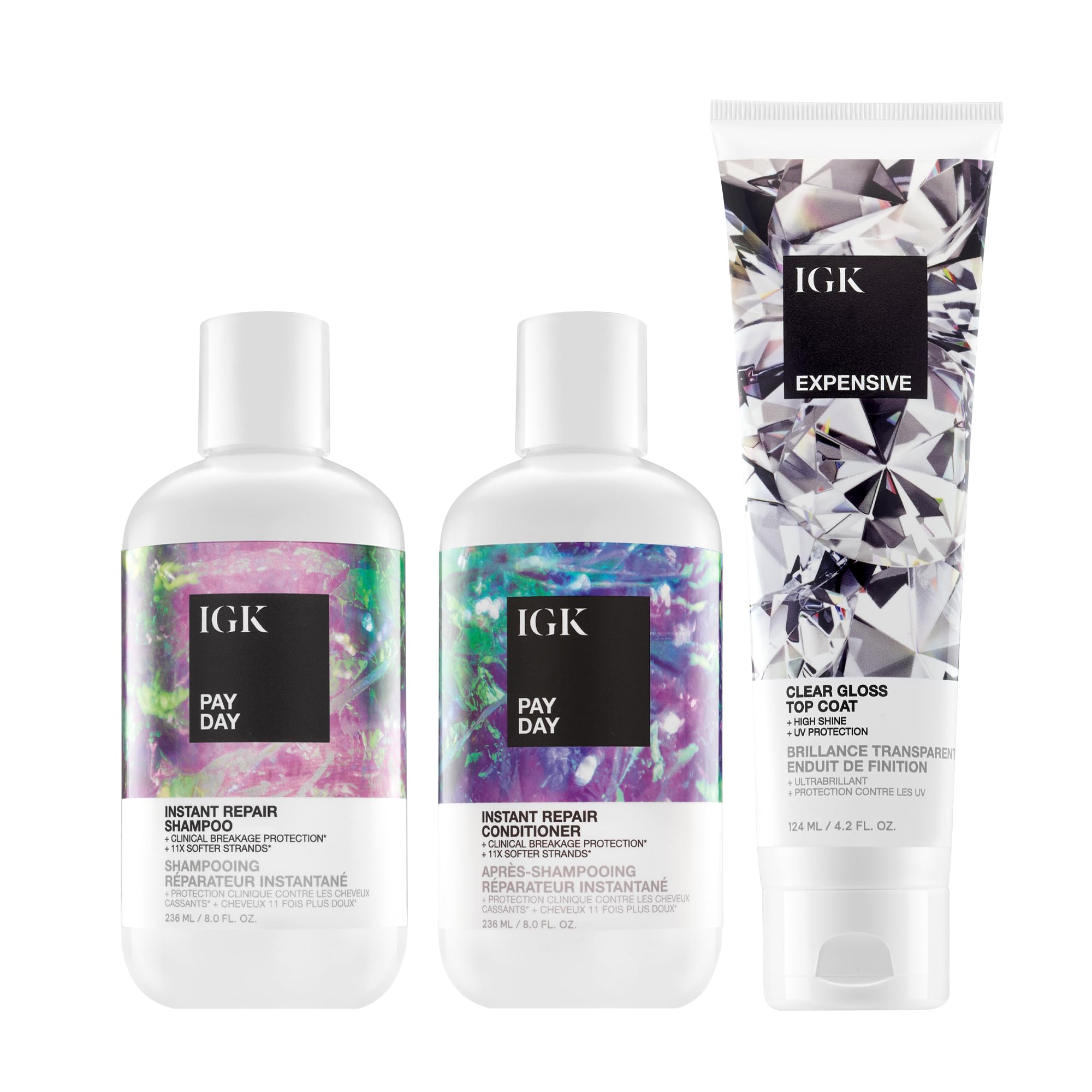 IGK Pay Day Instant Repair Shampoo + Pay Day Instant Repair Conditioner + Expensive Shine Gloss Treatment – Hair Repair, Hydration & Shine Trio – Vegan & Cruelty-Free
