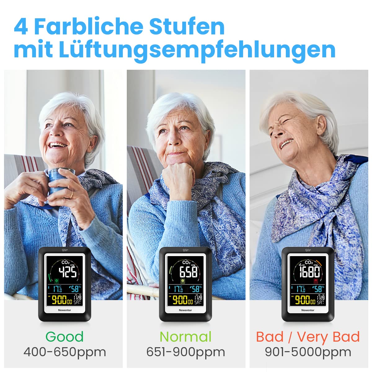 Newentor CO2 Messgerät, NDIR, 4 CO2-Konzentrationsstufen mit Alarm, Batteriebetrieb & USB-Anschluss, Schwarz