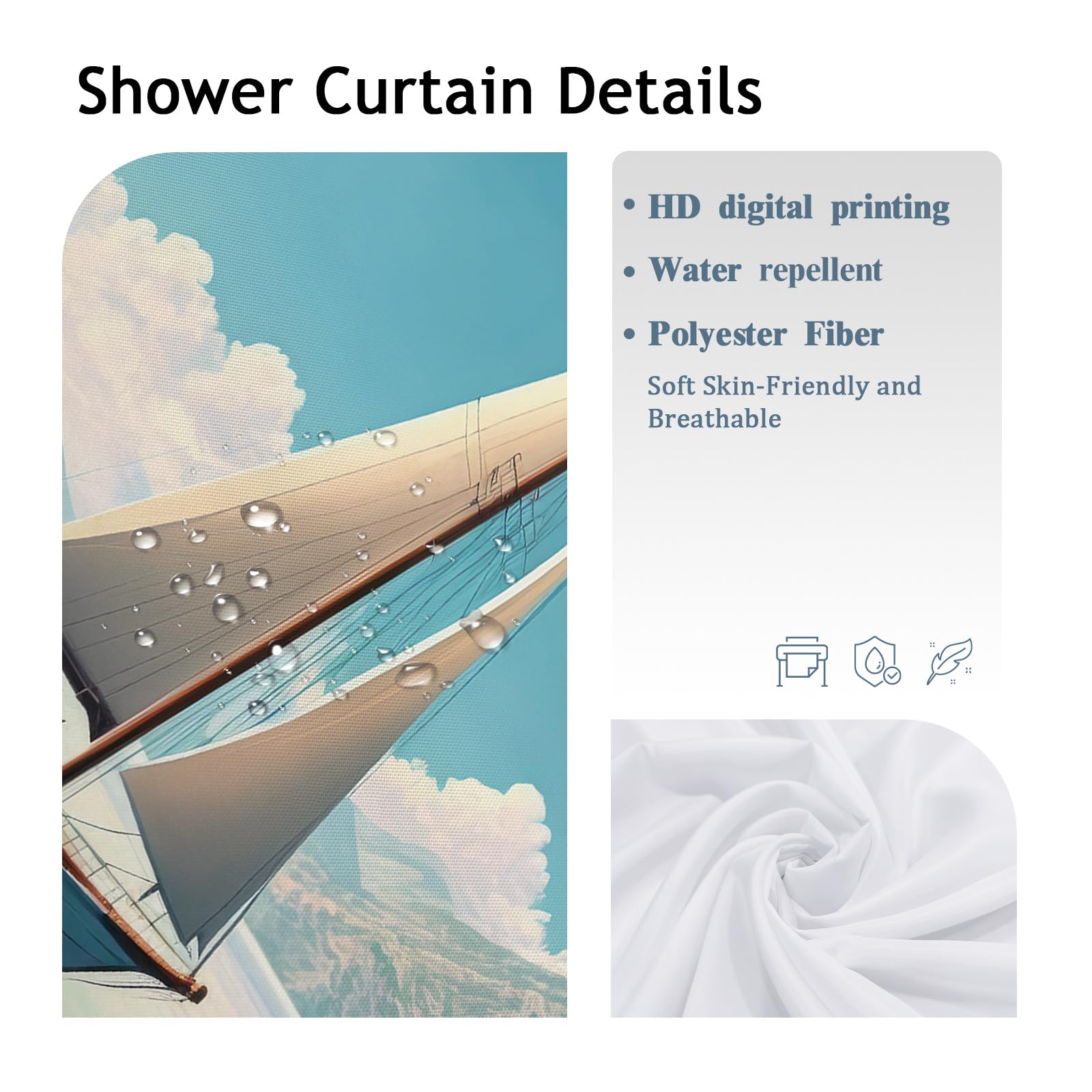 ZJRBJB Nautical Coastal Shower Curtain Set - Lighthouse, Sailboat & Seagulls Design, 72x108 Inches, Waterproof Polyester - View #2