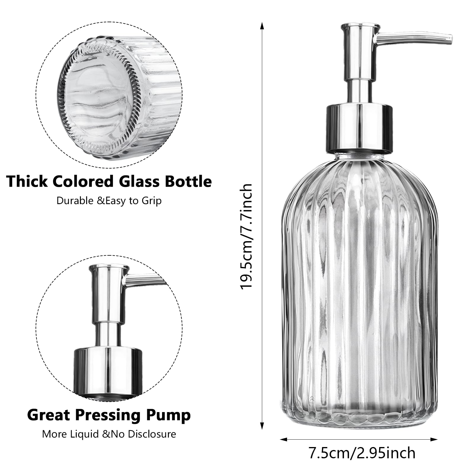 Confezione da 3 dispenser di sapone in vetro con pompa antiruggine, dispenser di sapone liquido ricaricabile da 400 ml, per bagno e cucina