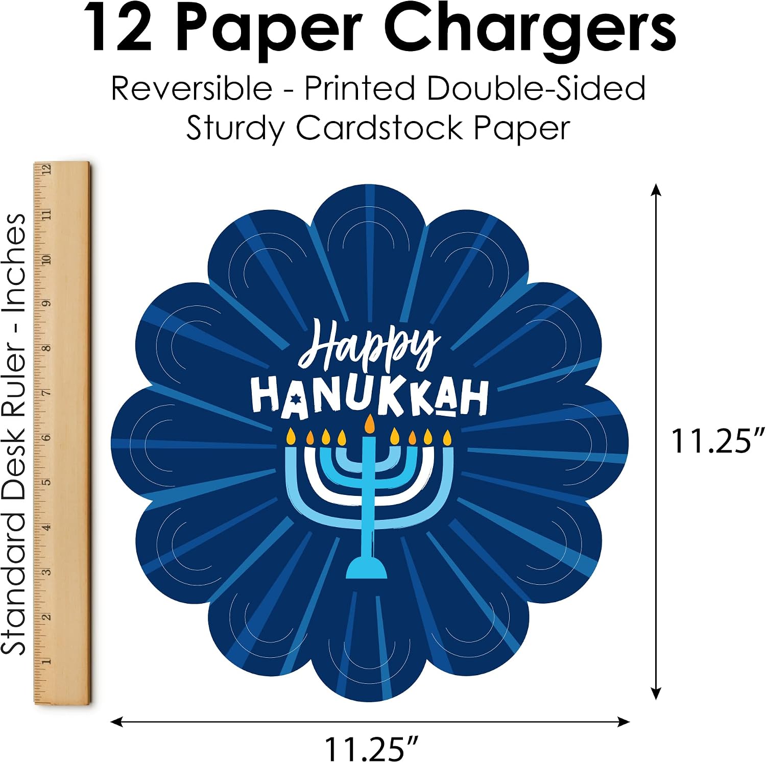 Big Dot of Happiness Hanukkah Menorah - Chanukah Holiday Party Round Table Decorations - Paper Chargers - Place Setting For 12