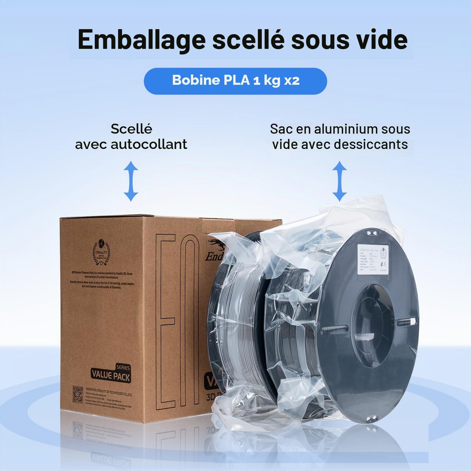 Lot de 2 filaments de 1,75 mm pour impression 3D, filament PLA économique Ender pour imprimantes 3D, sans nœuds, forte adhérence et performance de surplomb, précision dimensionnelle +/-0,02 mm, noir