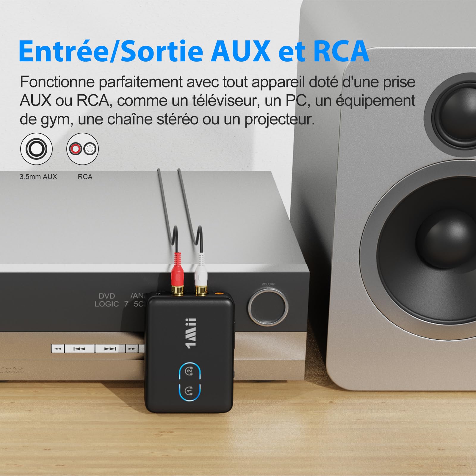 1Mii ML302 Transmetteur Récepteur Audio Bluetooth 5.3, RCA 3.5mm Jack Émetteur Adaptateur Bluetooth pour 2 Casque sans Fil, Son Hi-FI aptX LL/AD/HD pour TV, Chaîne Stéréo, PC, 30H Playtime