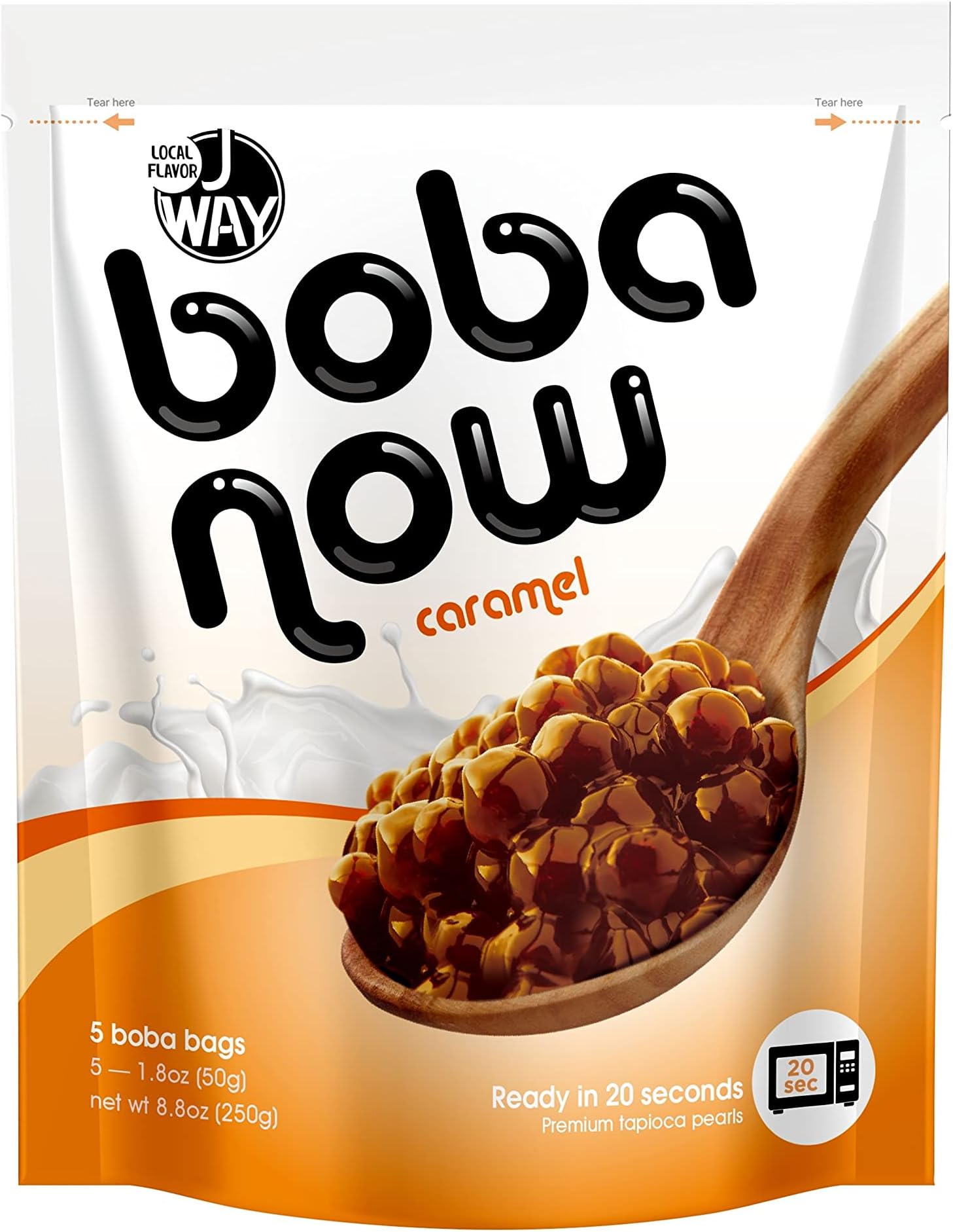 J WAY BOBA NOW Authentic Instant Tapioca Boba Pearls for Milk Tea, Smoothies and Desserts, Caramel Flavor (Ready in Just 20 Seconds) - 5 Servings