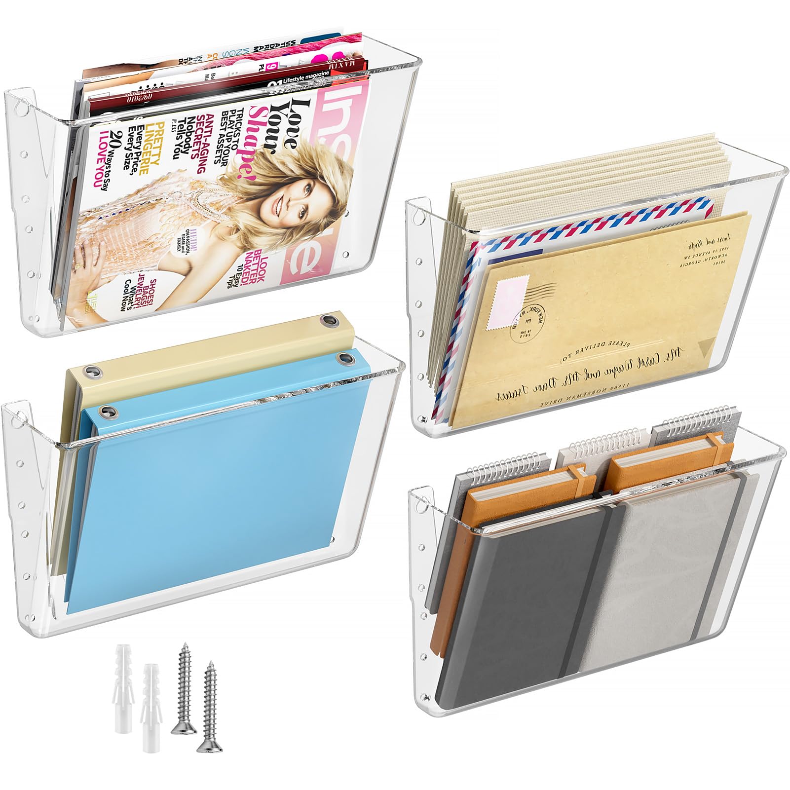 MaxGear Acrylic Wall File Organizer 4 Pockets Hanging File Holder Clear Wall Mounted Mail Organizer Holders for School, Office and Home, 13x4x7 inches