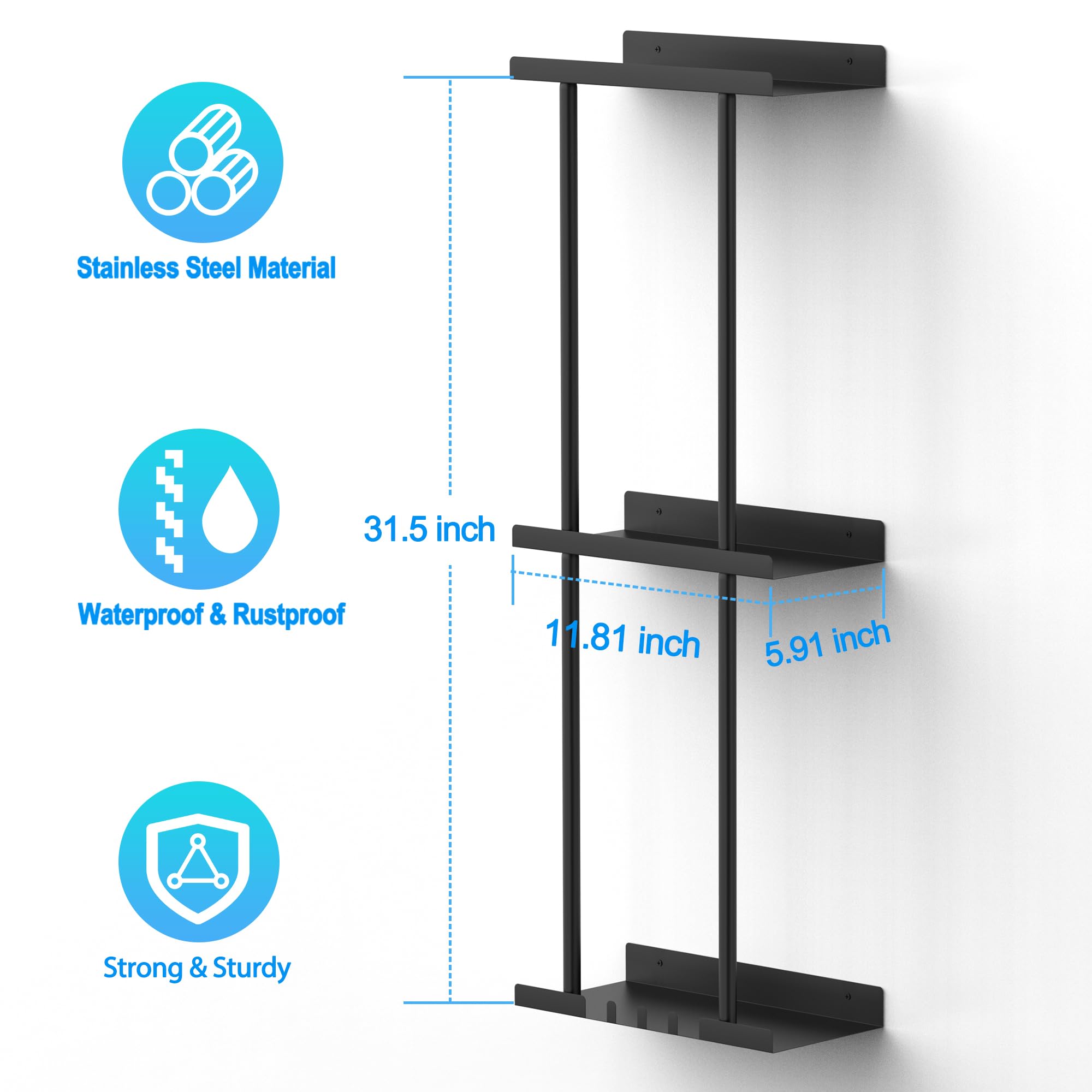 Towel Rack for Bathroom, Wall Mounted Vertical Rolled Towel Storage Organizer Holder with Shelf, Holds Up 6 Large Bath Sheets, Black Large Size