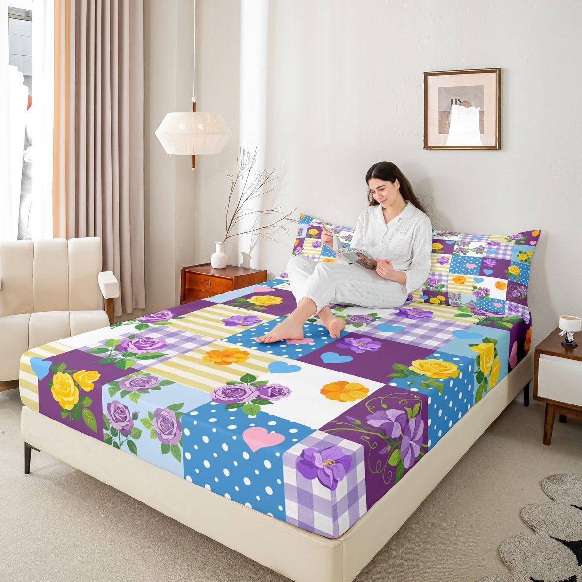 Manfei Juego de sábanas bajeras con diseño floral a cuadros, tamaño King, 3 piezas, estilo francés con 2 fundas de almohada, decoración de habitación de niños y niñas, ropa de cama suave (no plana)