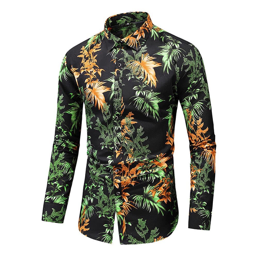 HGJH Hawaii Hemd, Herrenhemd Langarm Grün Gelb Blätterdruck Hawaiihemd Kubakragen Schwarz Langarm Button Down Weiches Strandhemd Henley Shirt Für Herren Jungen