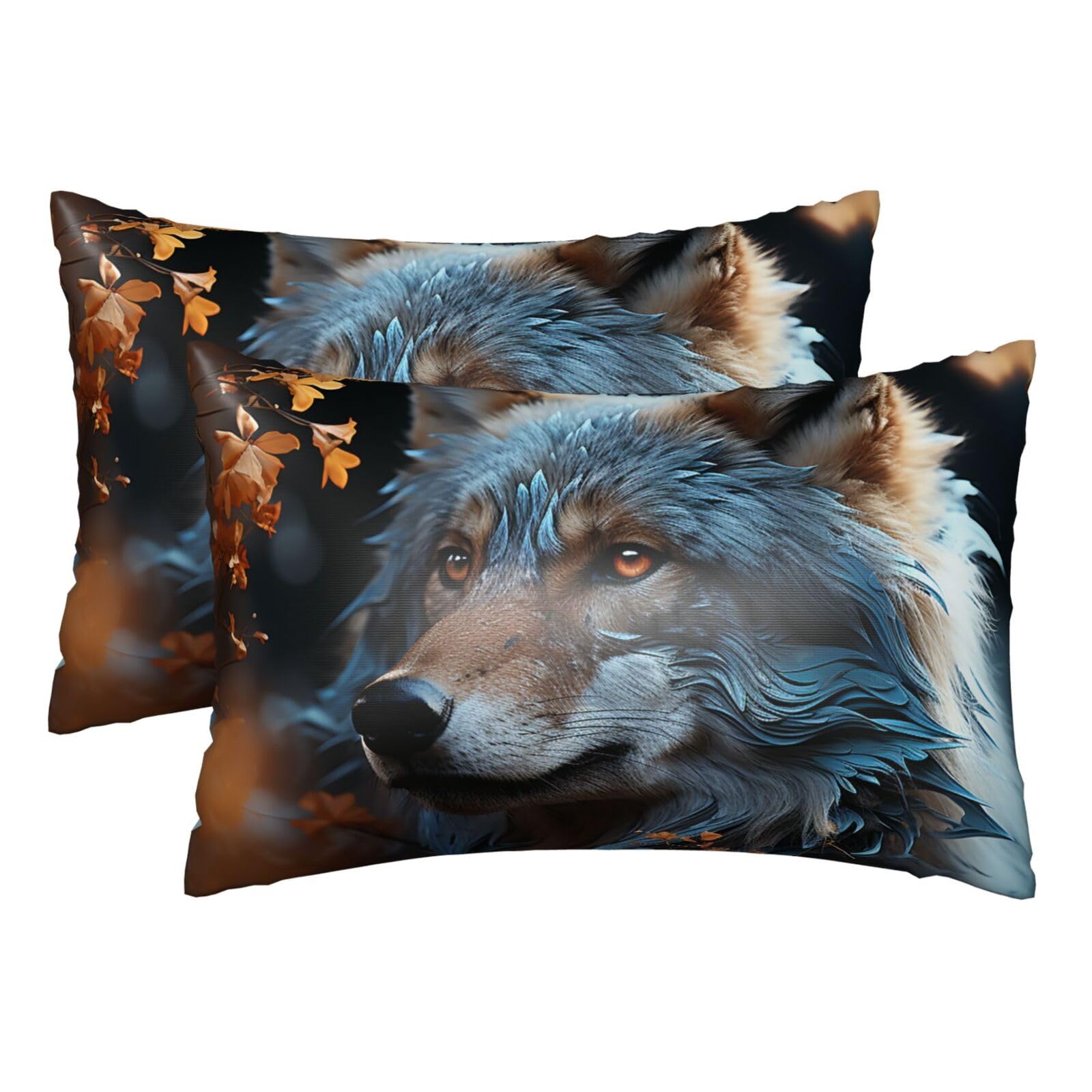Silk Pillowcases Set of 2 Pillow Shams Breathable Soft Pillow Covers with Envelope Closure Autumn leaves and a wolf Pillowcases Standard Size 20x30 Inches Washed Pillow Cases for Hair and Skin
