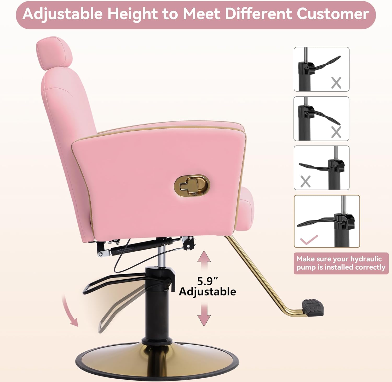 Height Adjustable Salon Chair for Hair Sylist, Reclining Salon Hair Chairs, Hydraulic Barber Chair, 360 Degree Swivel Shampoo Chairset for Barbershop (Pink-Golden)