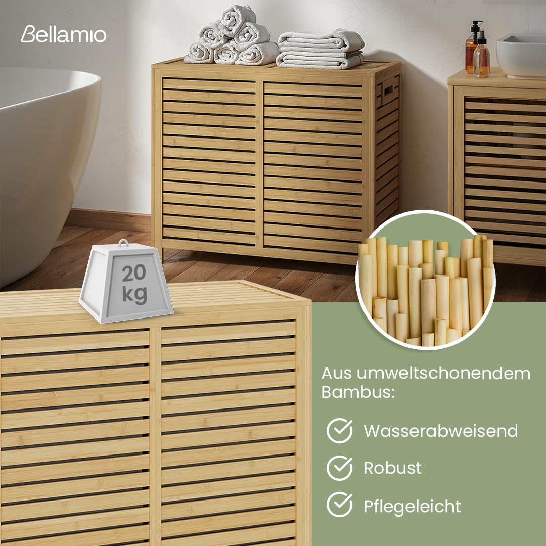 Bellamio Newa Wäschekorb aus Bambus – Wäschesammler mit 2 Fächern je 60 L – Wäschetonne mit Deckel – Wäschesack herausnehmbar & waschbar aus Oxford Gewebe – Wäschetruhe – Wäschebox 62x33x70 cm (HxTxB)