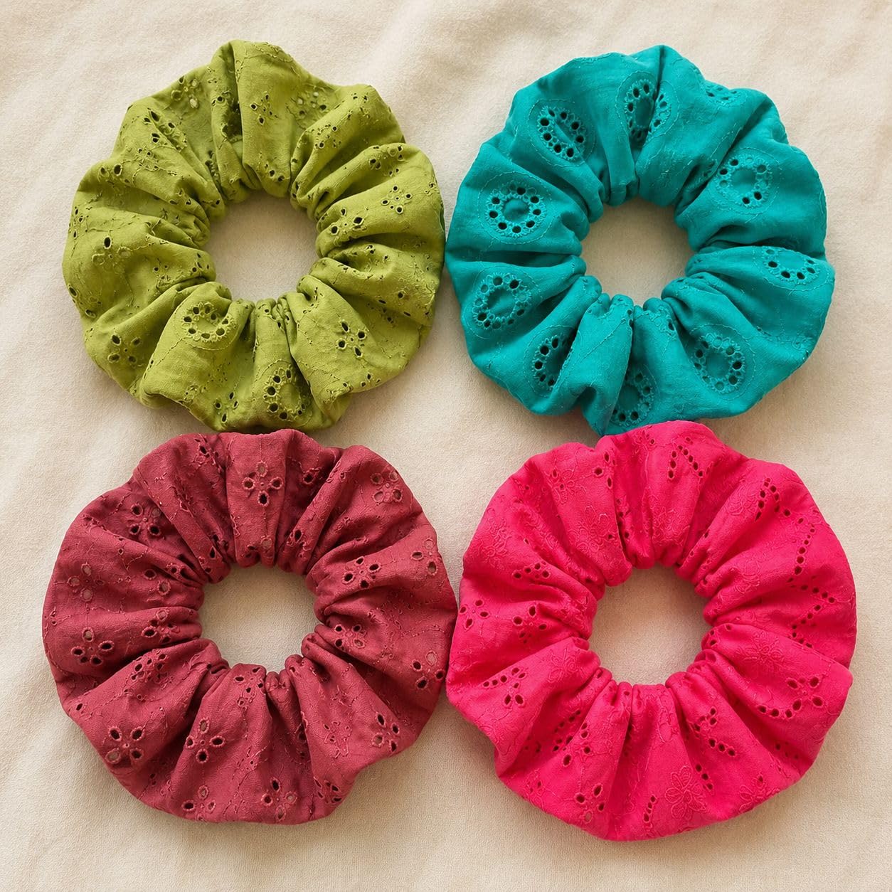 Eyelet Embroidered Hair Scrunchies, Set of 4, Magenta Red, Olive green, Teal, Maroon-image-37