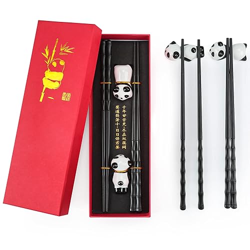 Chinesisches Stäbchen-Set, 2 Paar Bambus-Form Essstäbchen mit 2 Panda-Stäbchenhalter, wiederverwendbare rutschfeste Essstäbchen, spülmaschinenfeste Essstäbchen,Geschenk für Panda-Liebhaber (Schwarz) - Schwarz