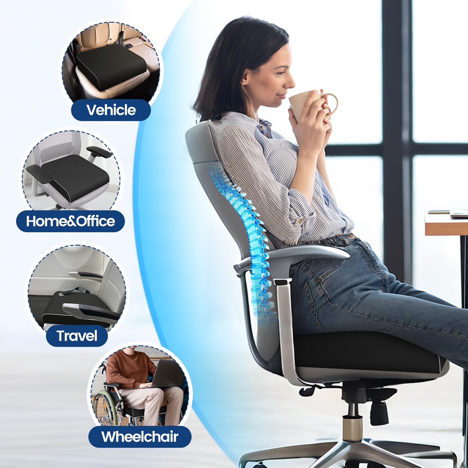 SweetSlubr Seat Cushion for Tailbone Pain Relief Office Chair Cushion Memory Foam Large Chair Cushion with Non-Slip Cover — view 4