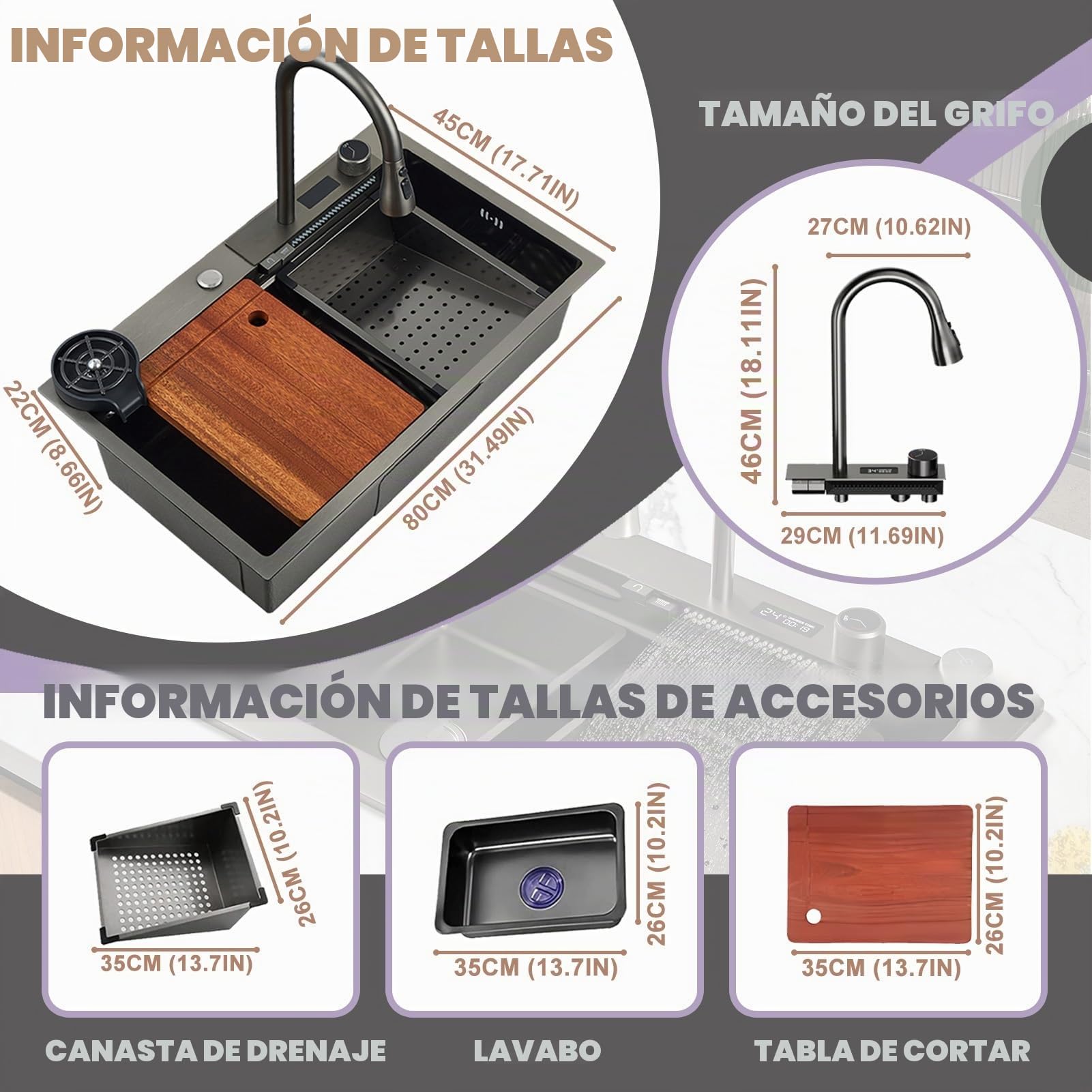 Fregadero de cocina con cascada negra, 80 x 45 cm, 1 cuenco, acero inoxidable, rectangular, sifón, rebosadero y desagüe, moderno y multifuncional, fregadero cascada con juego de accesorios