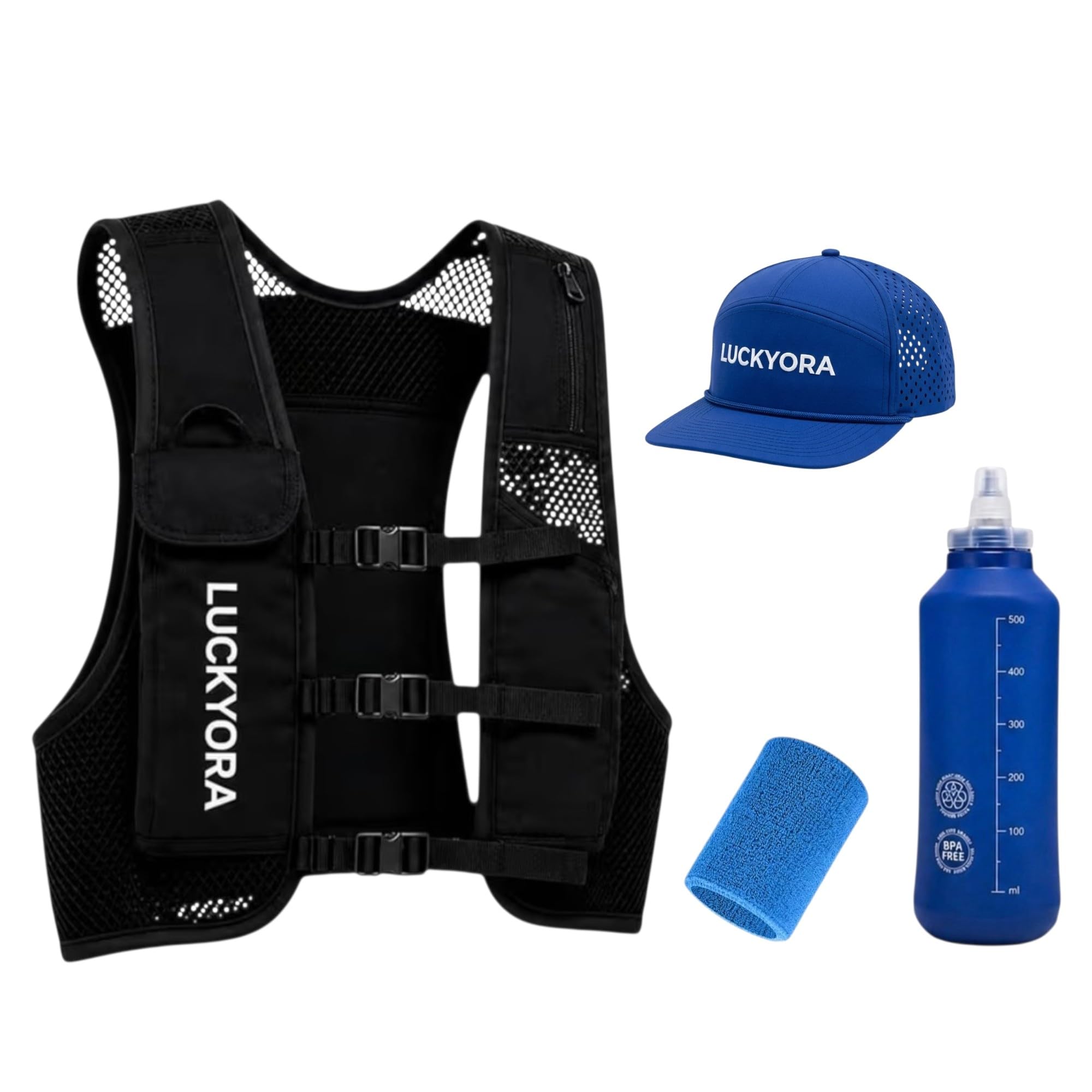 Gilet de course pour homme et femme - Sac à dos d'hydratation avec Soft Flask 500 ml, casquette et poignet - Gilet léger respirant pour course