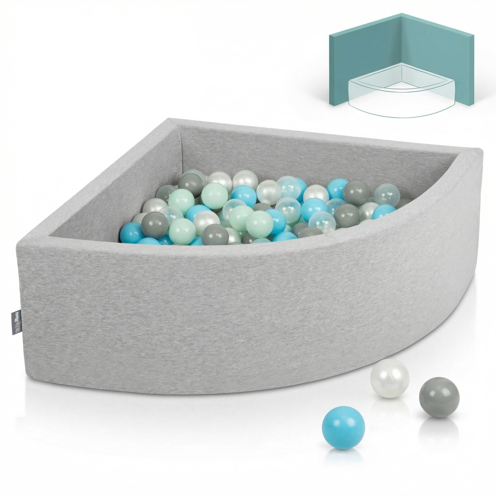 KiddyMoon Quarter Corner Ball Pit 90x30cm with 200 Balls 7cm Foam Ball Pool for Baby and Toddler - Light Grey: Pearl Grey Transparent Baby Blue Mint