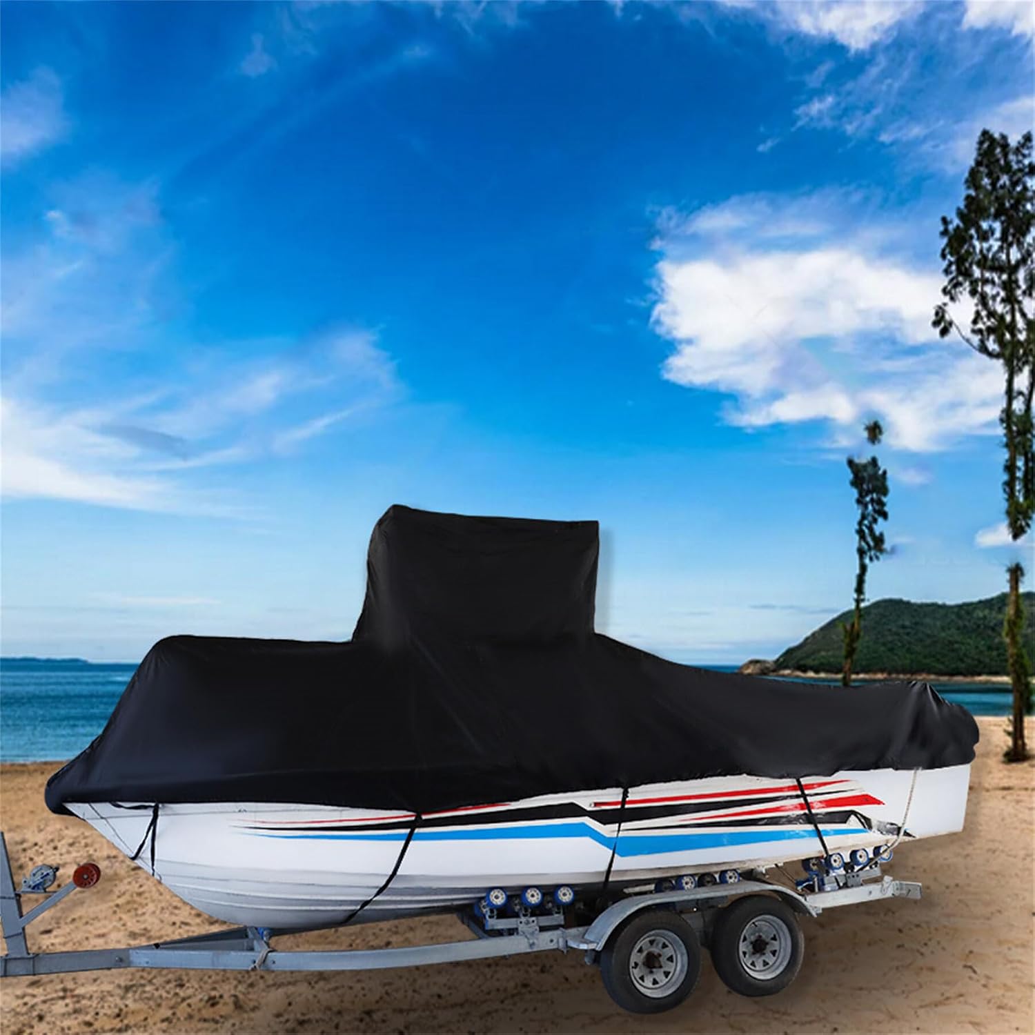 420D Heavy Duty Center Console T-Top Boat Cover Replacement for Center Console Style Boats with T-Top Roofs Black