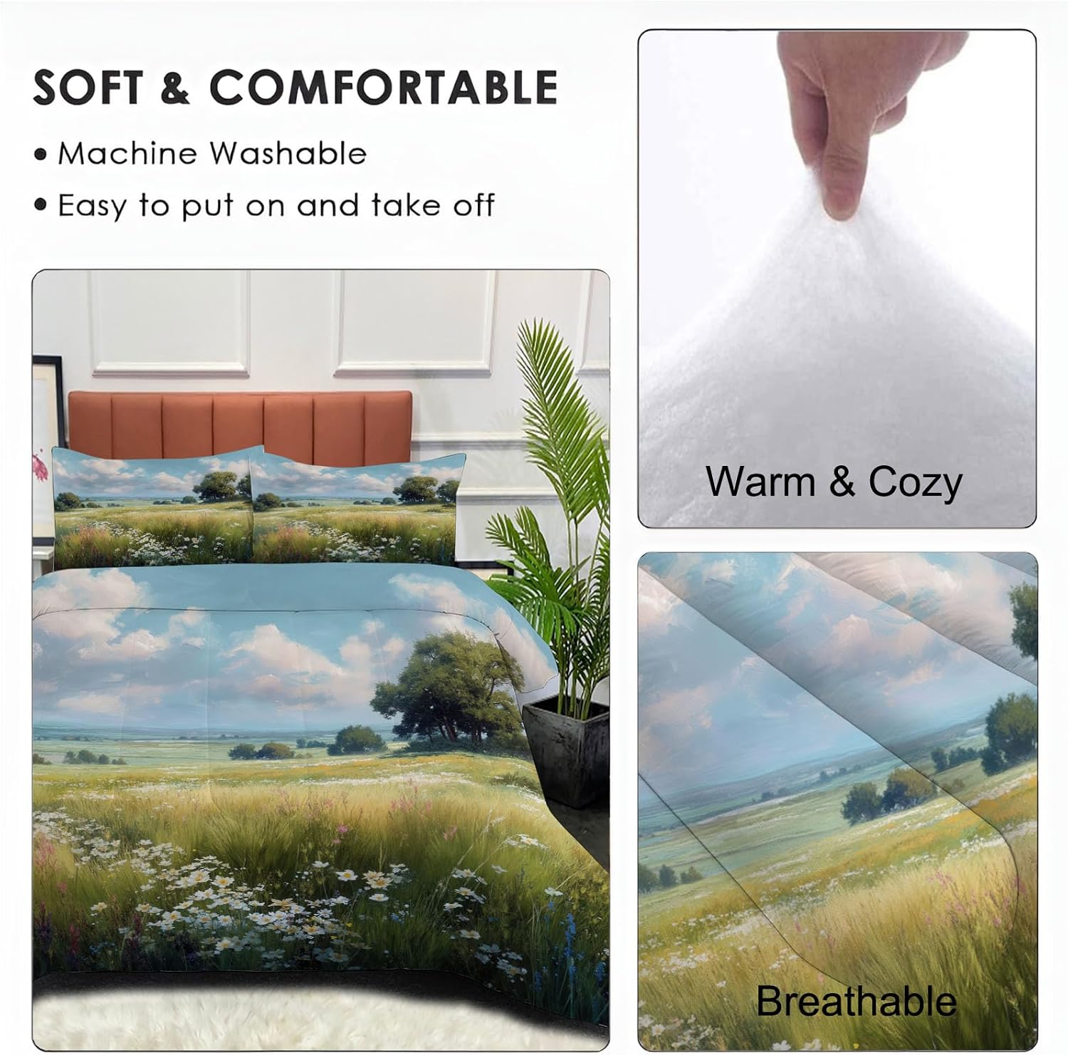 Oil Painting Landscape Comforter Set King Size, Beautiful Wildflower Grassland Bedding Set for Girls Boys, Sky Blue Quilt Bed 104"X90" Bedding Comforter Sets with 2 Pillowcase Room Decor