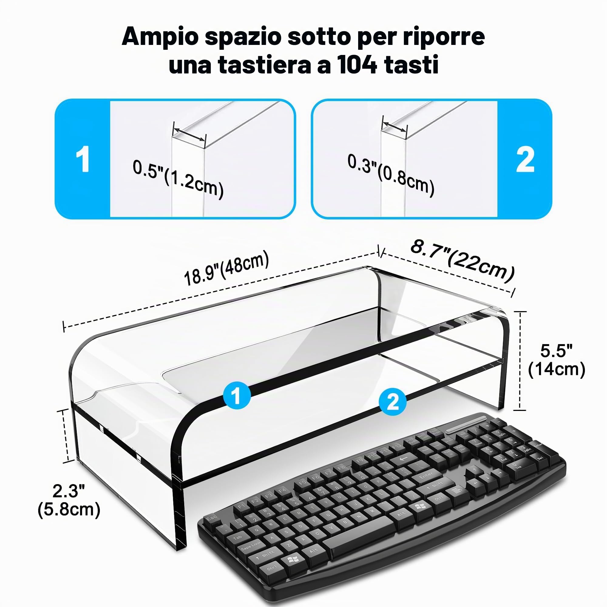AboveTEK Supporto per Monitor a 2 Ripiani in Acrilico, per Casa, Ufficio, Supporto per Monitor Trasparente per Tastiera 48 x 22 x 14cm