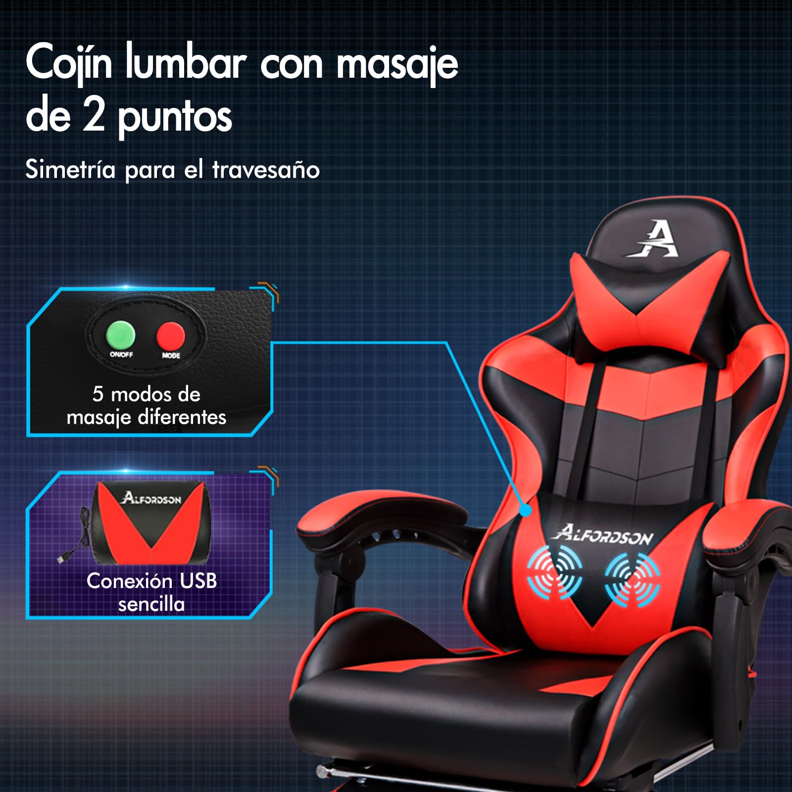 ALFORDSON Silla Gaming Escritorio con Masajeador, Silla Gamer Ergonómica Cojín Lumbar y Cervical, Reposapiés Retráctil, Ruedas Giratorias 360°, para Oficina, Videojuego, Ordenador, Cuero PU(Roja)