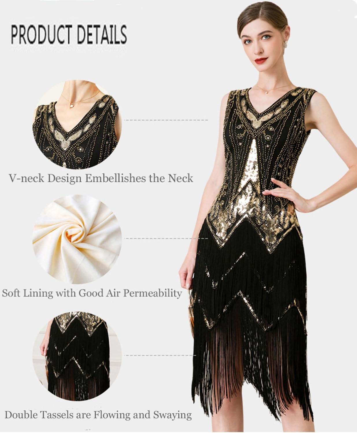 Women Flapper Dresses 1920s V Neck Beaded Fringed Great Gatsby Club & Night Out Dresses - Image 5