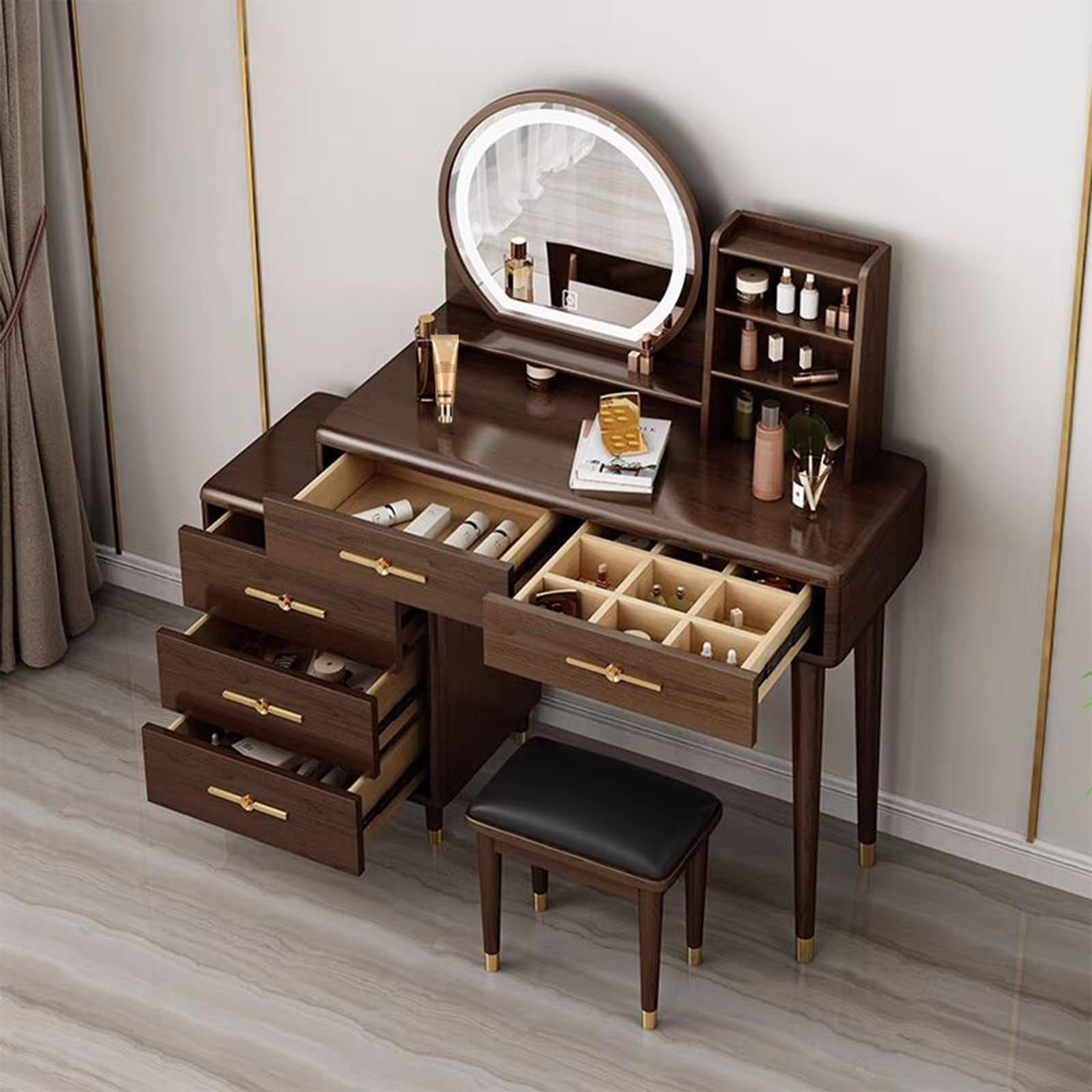 Tocador Juego de tocador de Madera Maciza con Espejo LED y Taburete, tocador, Escritorio de Maquillaje con 5 cajones para Dormitorio de niña y Mujer Multifunción
