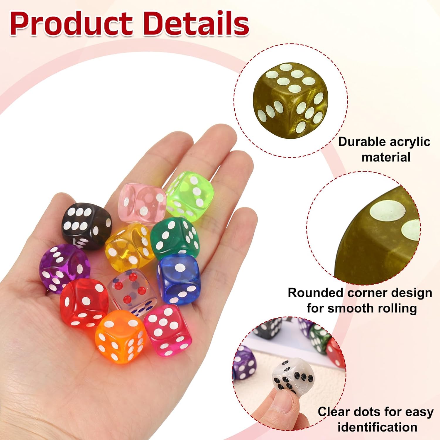 12mm Polyhedral Dice, Square Acrylic 6 Sided Pearl Pattern Dice Perfect for Board Games, Table Game & Classroom Teaching (Gold, 36pcs)