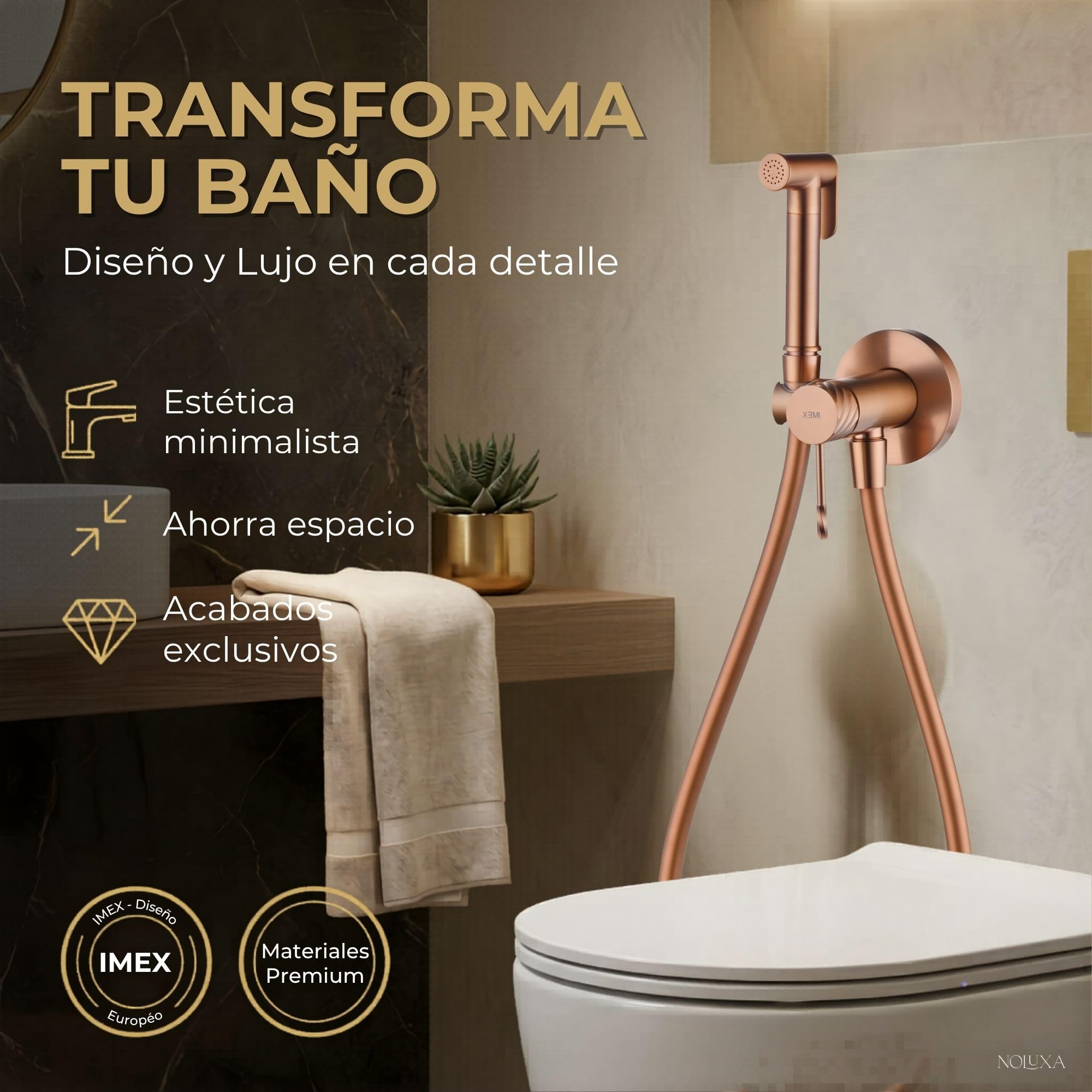 IMEX - Ducha Bidet Agua Fría y Caliente Color Oro Rosa Cepillado | Grifo Bidet Empotrado para WC | Ducha Higiénica Monomando para Inodoro | Grifería Sustituto de Bidé | Serie Bless