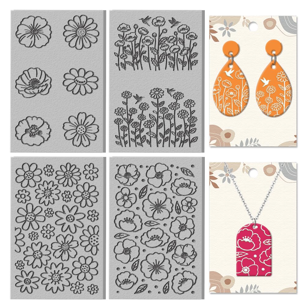CHGCRAFT 4 Sheets Daisies Clay Texture Mat Flower Pattern Polymer Clay Texture Sheets DIY Tools for Pottery Earring Jewelry Making Stamp Engraving Machines, 3.9x2.6inch