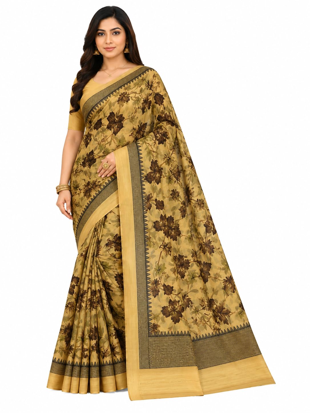 Women's Beige & Brown Cotton Silk Saree with Unstitched Blouse Piece | Floral Print Saree with Woven Border | Traditional Ethnic Wear for Wedding, Festive, Party, Office & Casual Occasions-picture-57
