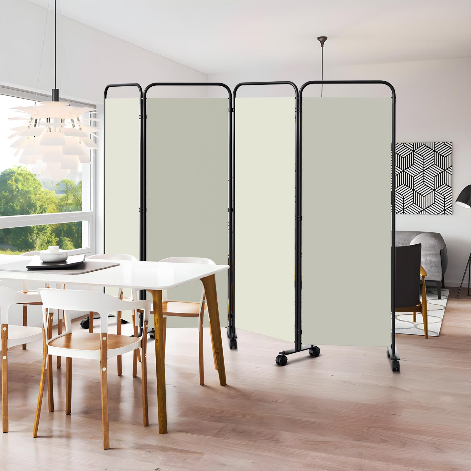 Paravento su rotelle, 4 pezzi, 228 x 180 cm, beige