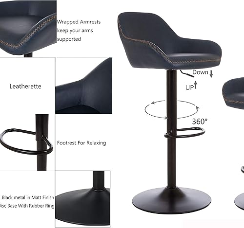 Miniatura 127 de Glitzhome Mid Century - Juego de 2 taburetes de bar ajustables de cuero giratorio vintage con respaldo y reposapiés, taburetes de bar modernos de