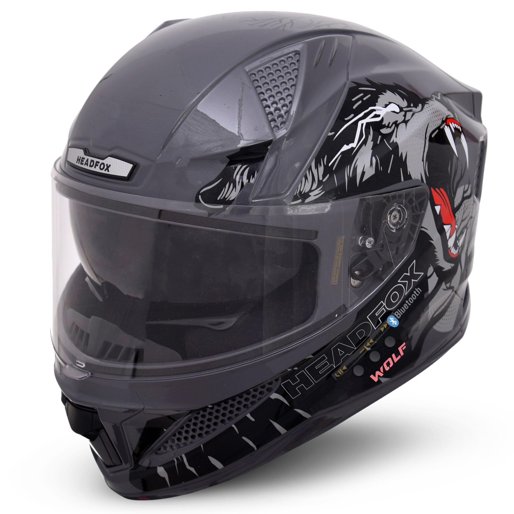 HEADFOX N2F Wolf Full Face Bluetooth Helmet for Bike | Waterproof Smart Helmet for Man & Women | ISI Certified | Built-in Bluetooth | Glossy Grey X-Large (62 CM)