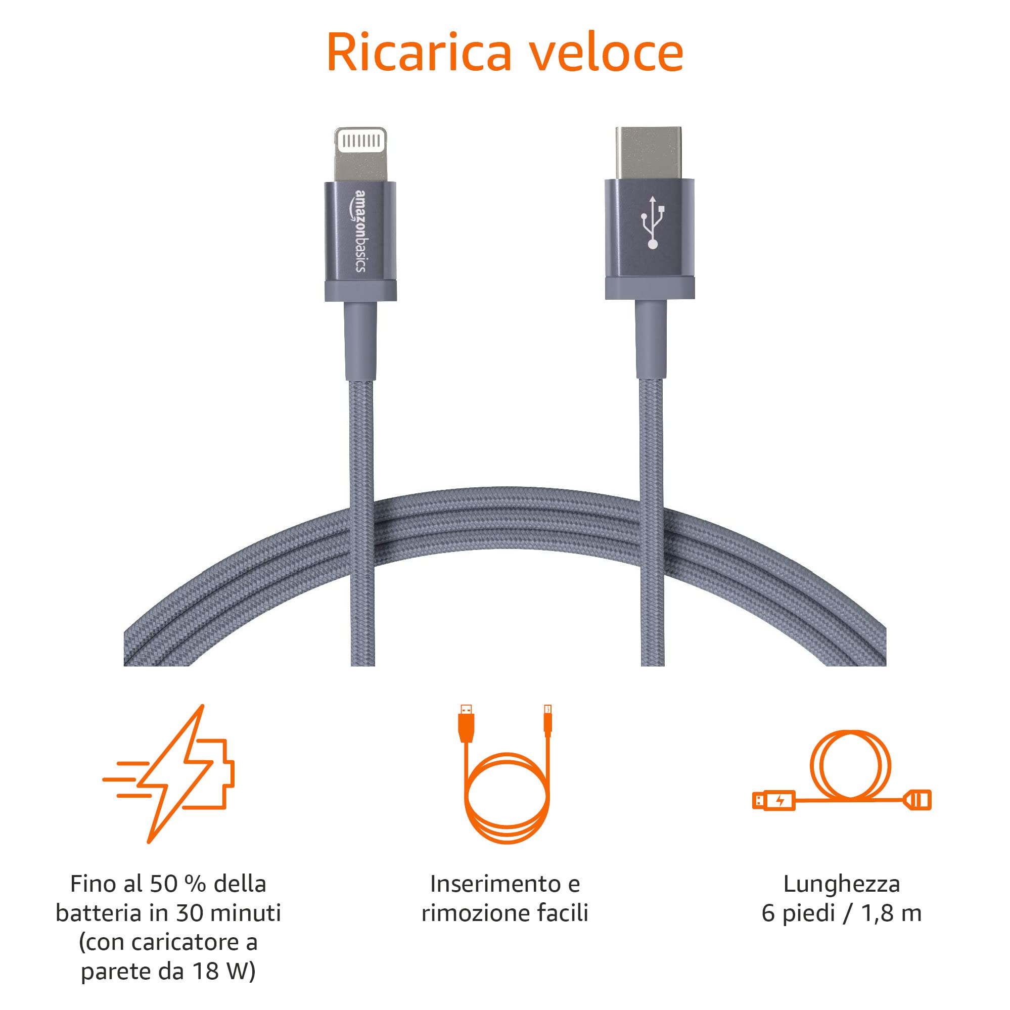 Amazon Basics Cavo di ricarica USB-C a Lightning MFi nylon intrecciato 1.8 m Grigio scuro per iPhone 13/12/11/X/XS/XR/8