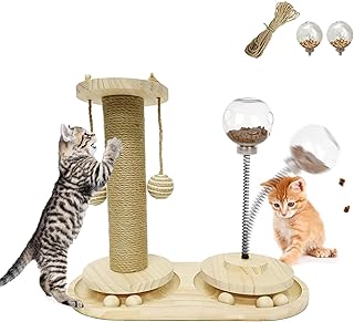 Cat Scratching Post,Cat Scratcher Toy,Cat Spring Feeder Toy Wooden Two-Layer Teardrop Interactive Track Ball Turntable,Cat Scratch with Dangling Ball and Extra Replacement Sisal Rope